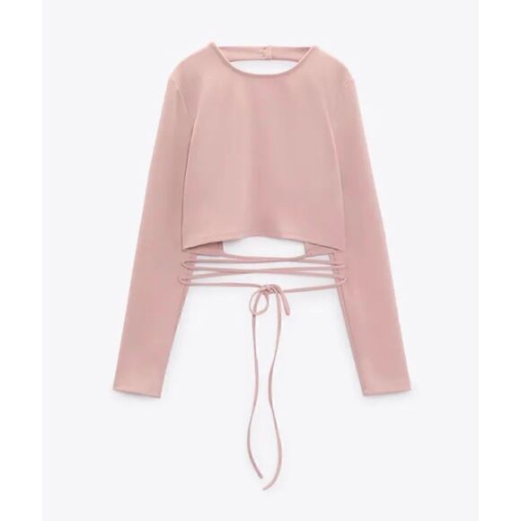 NWT Zara Long Sleeve Crop Top with Bow in Pale Pink, Size XS - Picture 11 of 16